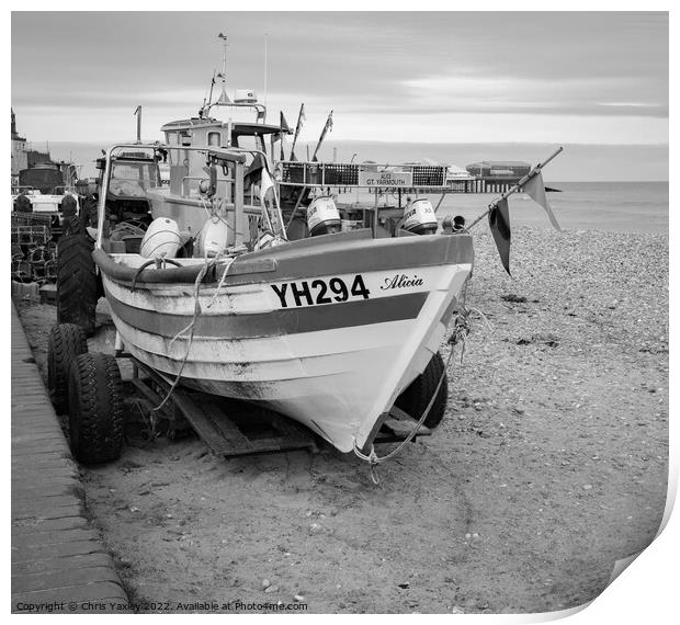 Traditional fishing boat on Cromer beach in black and white Print by Chris Yaxley