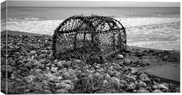 Abandoned lobster pot on the beach in black and white Canvas Print by Chris Yaxley