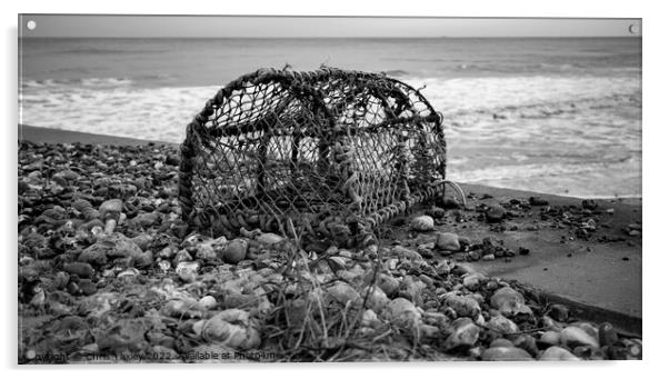 Abandoned lobster pot on the beach in black and white Acrylic by Chris Yaxley