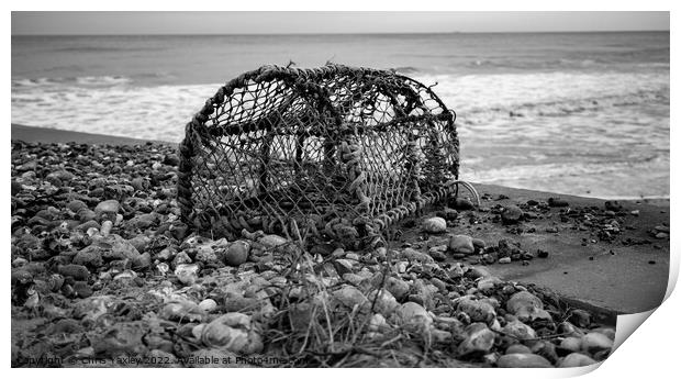 Abandoned lobster pot on the beach in black and white Print by Chris Yaxley