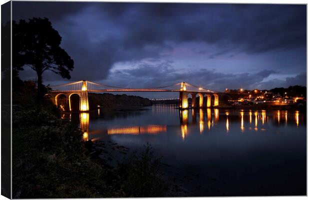 Nightfall on the Menai Bridge and Straits Canvas Print by Dave Urwin