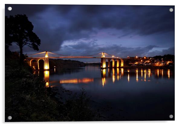 Nightfall on the Menai Bridge and Straits Acrylic by Dave Urwin