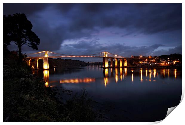 Nightfall on the Menai Bridge and Straits Print by Dave Urwin