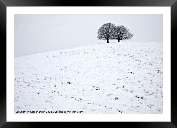 Spir Hill in Somerset covered in snow and two trees Framed Mounted Print by Gordon Dixon