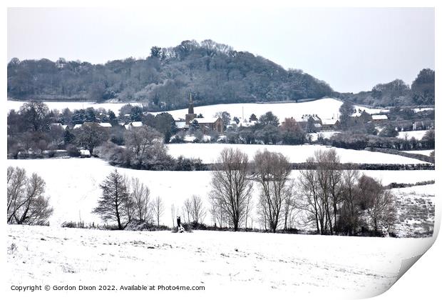 Somerset village of Chiselborough blanketed in snow Print by Gordon Dixon