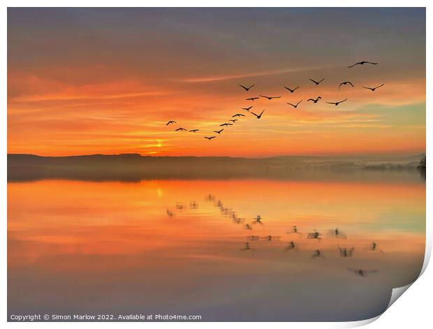 Birds over a lake at sunset Print by Simon Marlow
