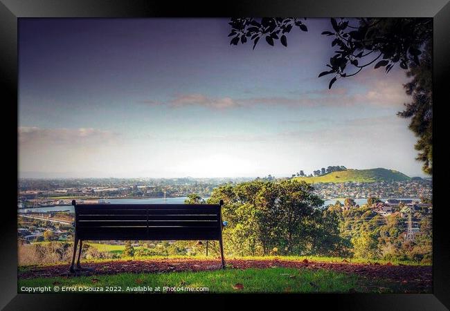 Park Bench Looking out to Mangere Mountain Framed Print by Errol D'Souza