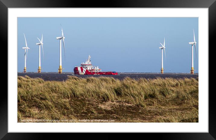Rescue Ship Passing Wind Turbines Framed Mounted Print by GJS Photography Artist