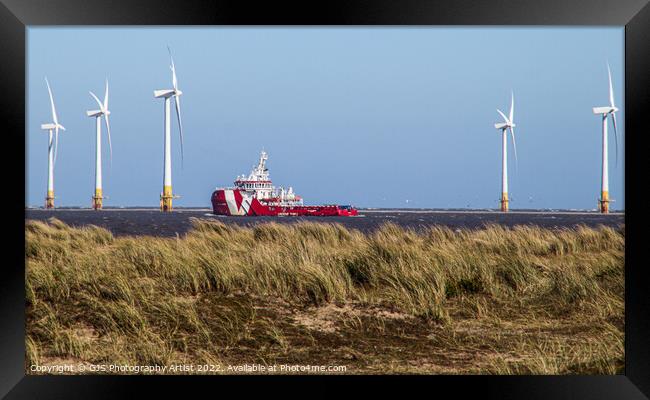 Rescue Ship Passing Wind Turbines Framed Print by GJS Photography Artist