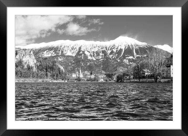 Lake Bled snow cape mountains Slovenia Norway  Framed Mounted Print by Holly Burgess