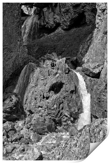 Gordale Scar Waterfall (Mono) Print by Joyce Storey