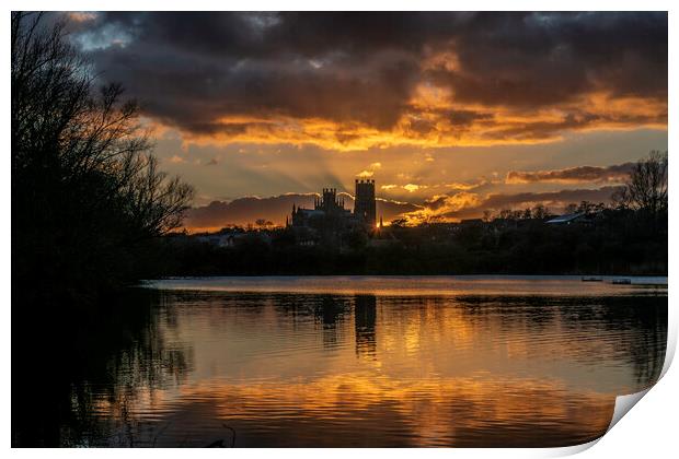 Sunset behind Ely Cathedral, from Roswell Pits, 6th March 2022 Print by Andrew Sharpe