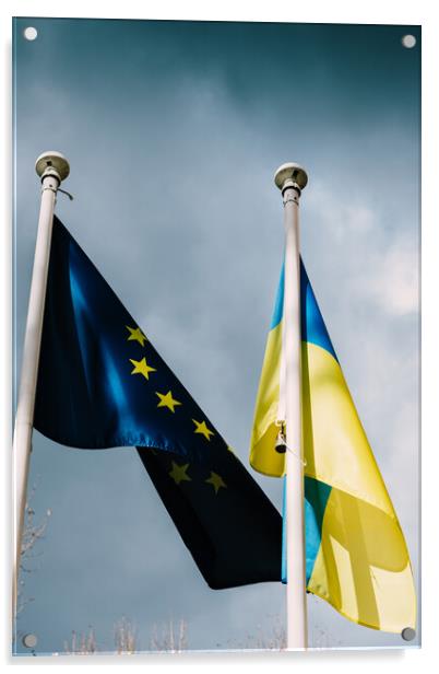 Flags of the European Union and Ukraine flutter in the wind Acrylic by Alexandre Rotenberg