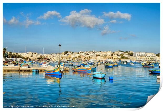 Marsaxlokk traditional boats Malta Print by Diana Mower