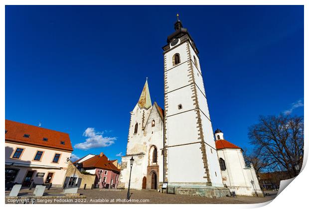 Gothic church of the Nativity of the Blessed Virgin Mary and clock tower. Pisek - town in South Czechia. Print by Sergey Fedoskin