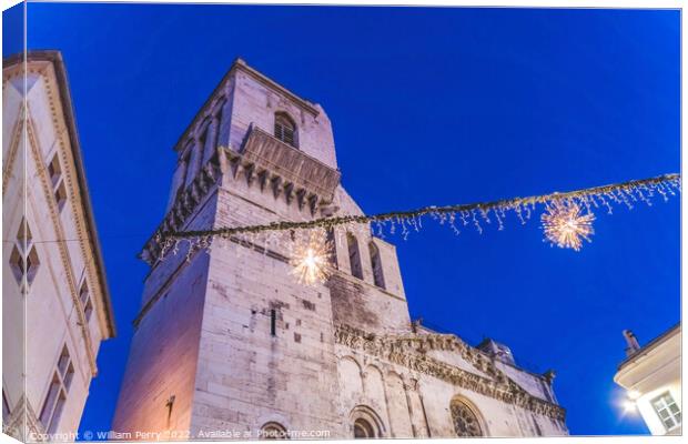 Night Cathedral Church Christmas Decorations Nimes Gard France Canvas Print by William Perry
