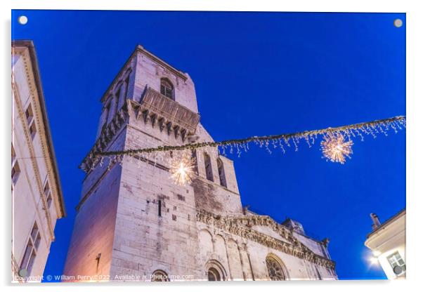 Night Cathedral Church Christmas Decorations Nimes Gard France Acrylic by William Perry