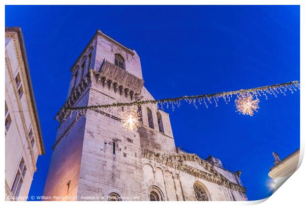 Night Cathedral Church Christmas Decorations Nimes Gard France Print by William Perry