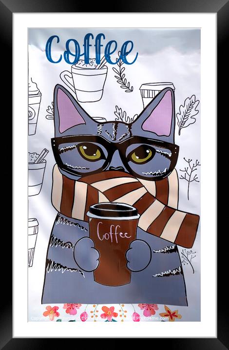 Coffee Cat Framed Mounted Print by Raymond Evans