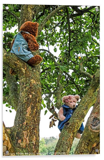 Two Teddy Bears in an Apple Tree Acrylic by Allan Bell