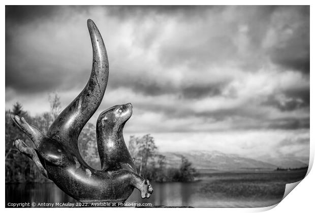 Scotland Sea Life Centre Loch Lomond Otter Statue BW Print by Antony McAulay