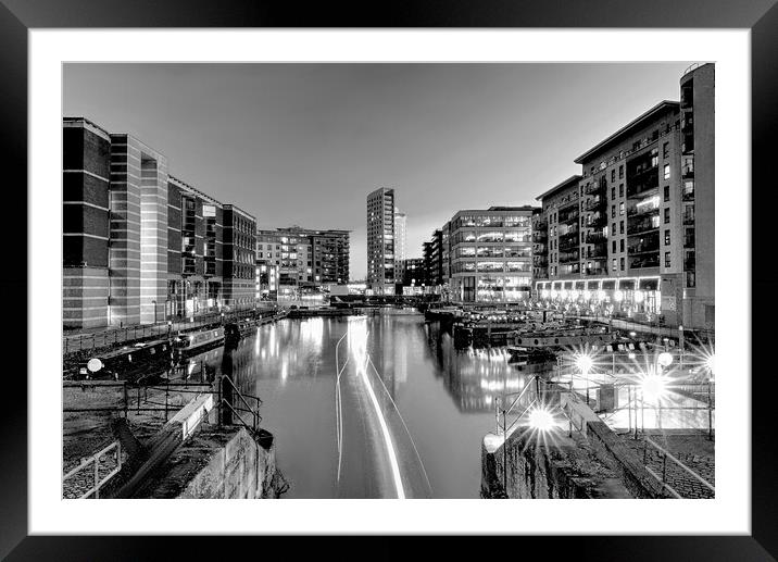 Leeds Dock Light Trails Monochrome  Framed Mounted Print by Alison Chambers