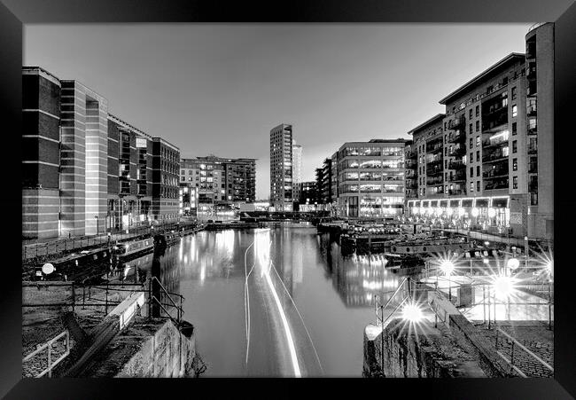 Leeds Dock Light Trails Monochrome  Framed Print by Alison Chambers