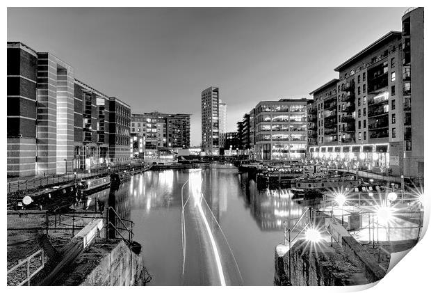 Leeds Dock Light Trails Monochrome  Print by Alison Chambers