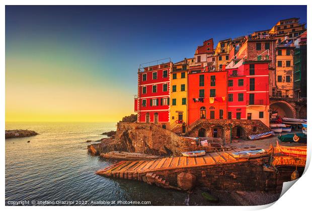 Riomaggiore town, cape and sea at sunset. Cinque Terre, Liguria, Print by Stefano Orazzini