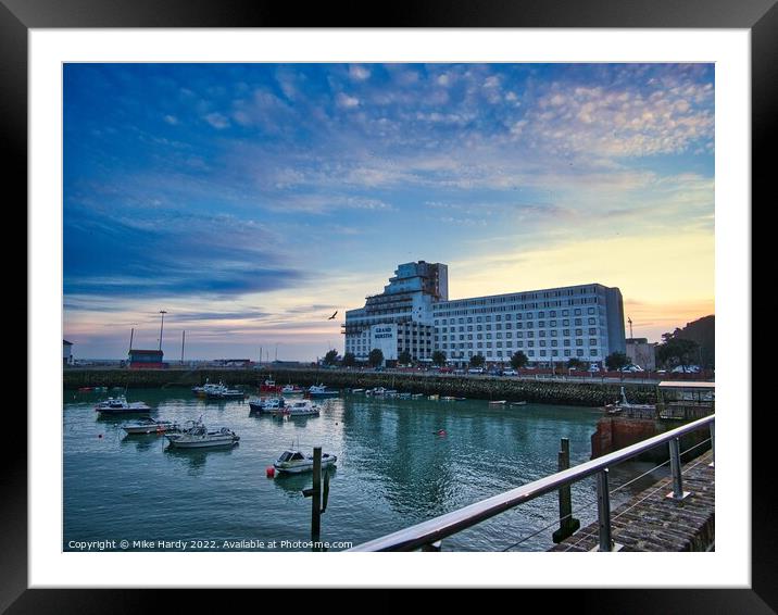 Hotel Burstin and Inner Folkestone Harbour at dusk Framed Mounted Print by Mike Hardy
