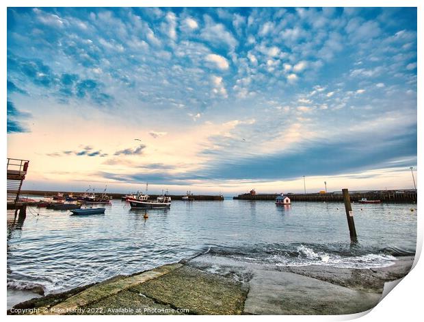 Folkestone Harbour slipway launch at dusk Print by Mike Hardy