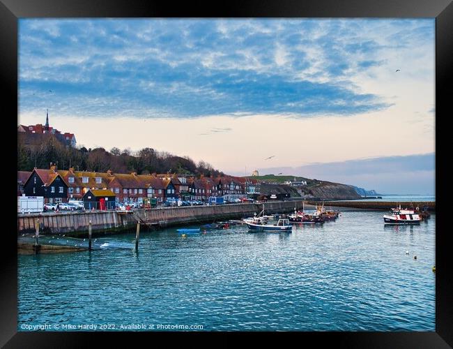 Folkestone Harbour Seafront and boat slipway launch Framed Print by Mike Hardy