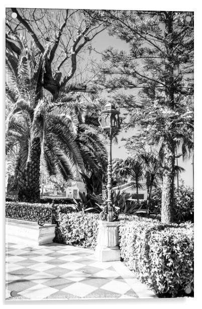 Black and White, Park in Cadiz, metal lamppost decorates the area many scattered around the island  Acrylic by Holly Burgess