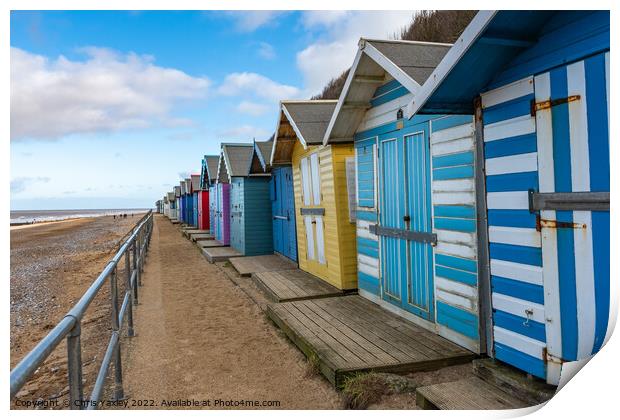 Beach huts on Cromer Beach, North Norfolk Coast Print by Chris Yaxley