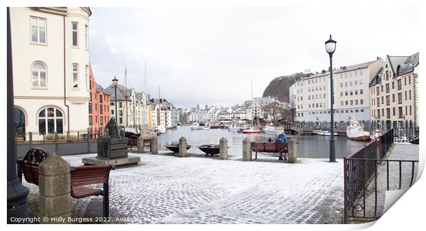 Alesund, small port in Norway west coast, at the entrance to Geriangerfjord  Print by Holly Burgess