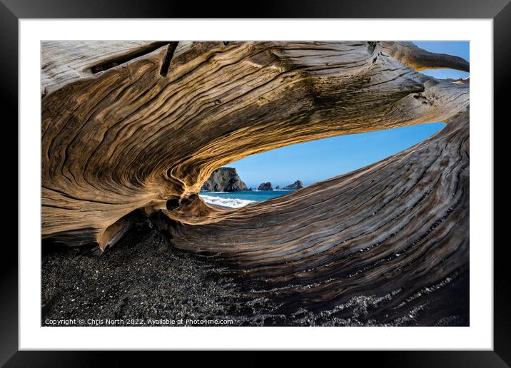 Natural redwood sculpture on Navarro beach, California. Framed Mounted Print by Chris North
