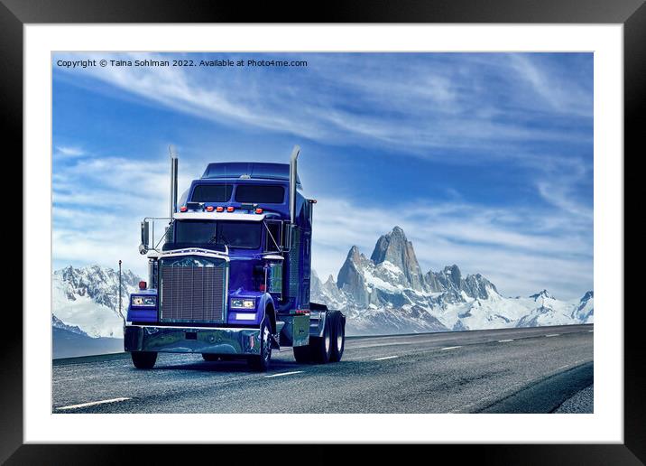Blue Conventional American Semi Tractor on Road th Framed Mounted Print by Taina Sohlman
