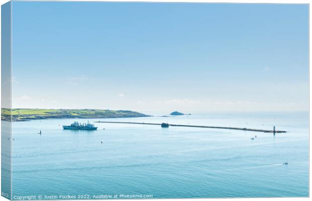 Plymouth Sound and the Breakwater Canvas Print by Justin Foulkes
