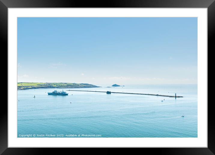 Plymouth Sound and the Breakwater Framed Mounted Print by Justin Foulkes