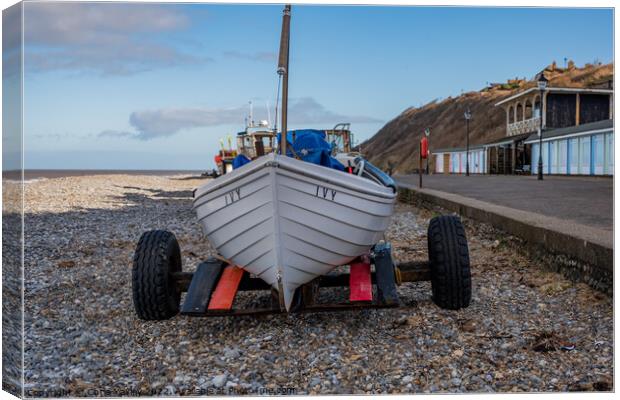 Front on view of fishing boat on Cromer beach, North Norfolk Coast Canvas Print by Chris Yaxley