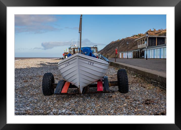 Front on view of fishing boat on Cromer beach, North Norfolk Coast Framed Mounted Print by Chris Yaxley