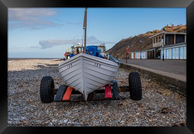 Front on view of fishing boat on Cromer beach, North Norfolk Coast Framed Print by Chris Yaxley