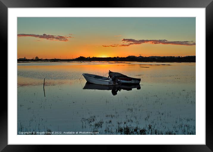 Boats at Sunset in Parque Ribeirinho. Faro Framed Mounted Print by Angelo DeVal