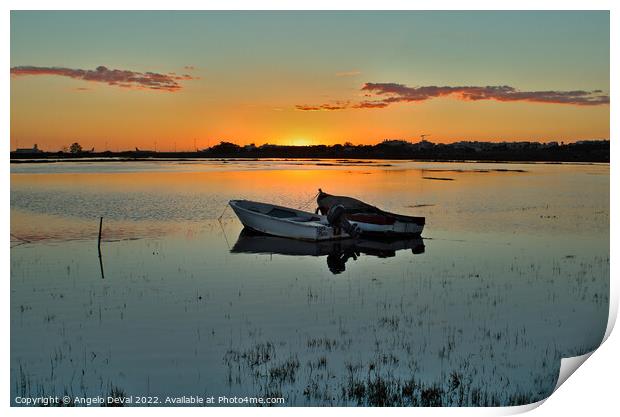 Boats at Sunset in Parque Ribeirinho. Faro Print by Angelo DeVal