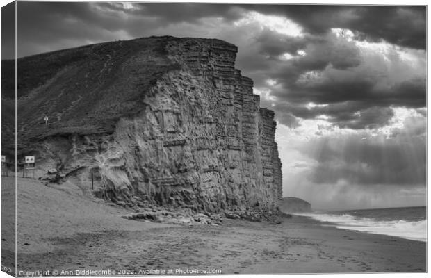 Black and white West bay cliffs Canvas Print by Ann Biddlecombe
