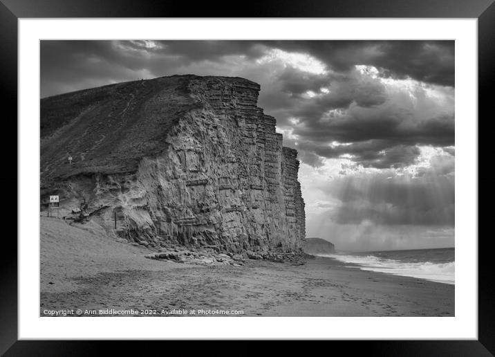 Black and white West bay cliffs Framed Mounted Print by Ann Biddlecombe