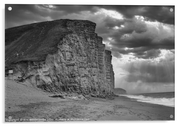 Black and white West bay cliffs Acrylic by Ann Biddlecombe