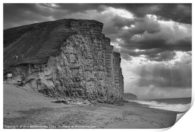 Black and white West bay cliffs Print by Ann Biddlecombe