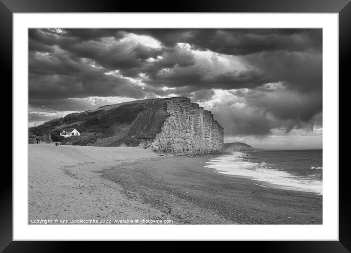 Black and white West bay beach and cliffs Framed Mounted Print by Ann Biddlecombe