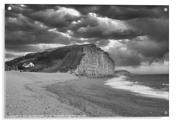 Black and white West bay beach and cliffs Acrylic by Ann Biddlecombe
